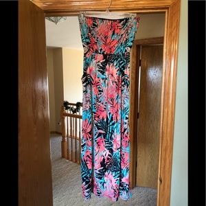 Tropical Strapless Maxi Dress w/ pockets
